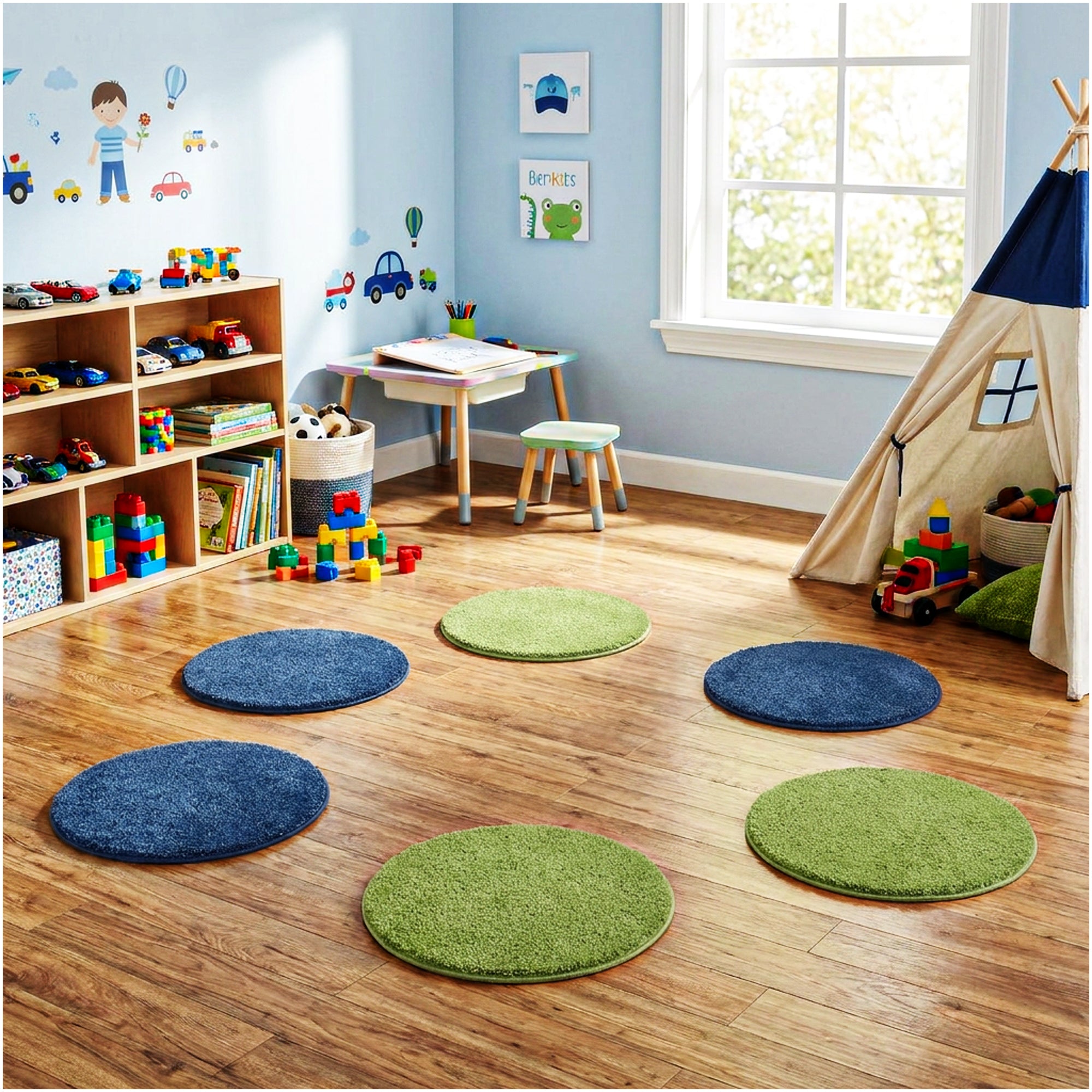 Children’s Classroom Carpet Circle Seats – Lime & Vibe Blue | 18” Round Soft Floor Cushions