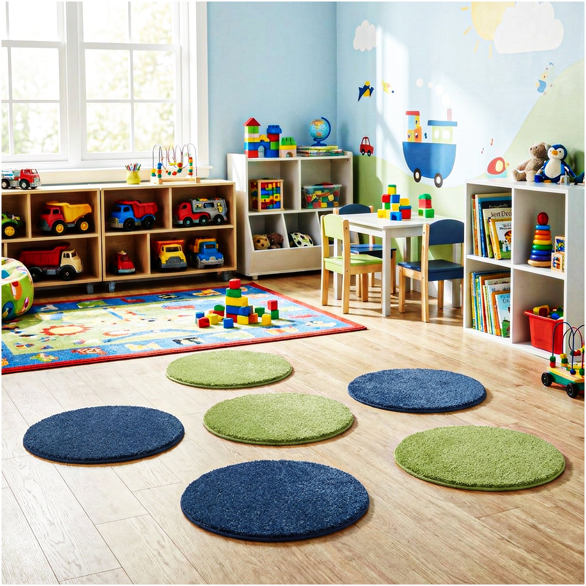 Children’s Classroom Carpet Circle Seats – Lime & Vibe Blue | 18” Round Soft Floor Cushions
