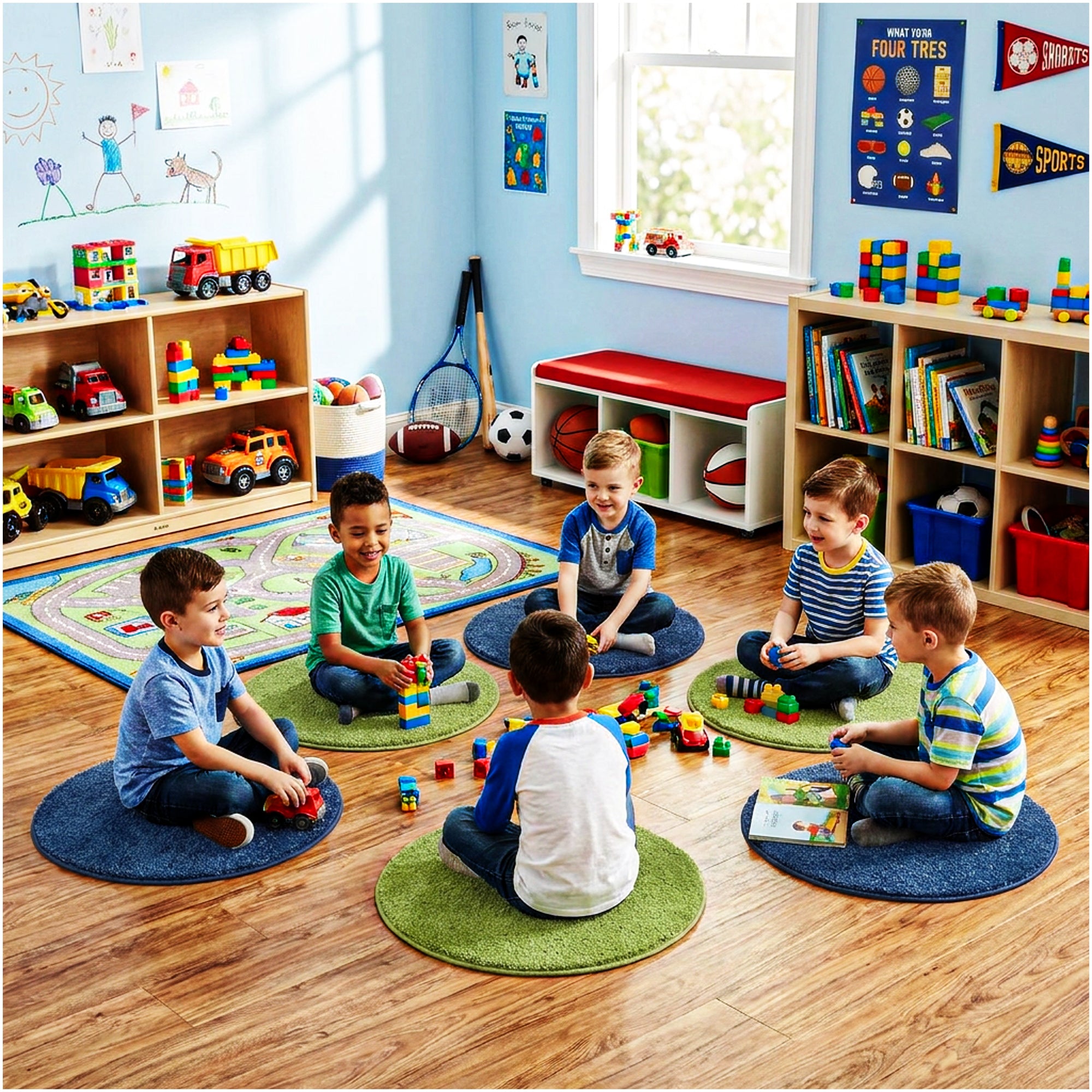 Children’s Classroom Carpet Circle Seats – Lime & Vibe Blue | 18” Round Soft Floor Cushions