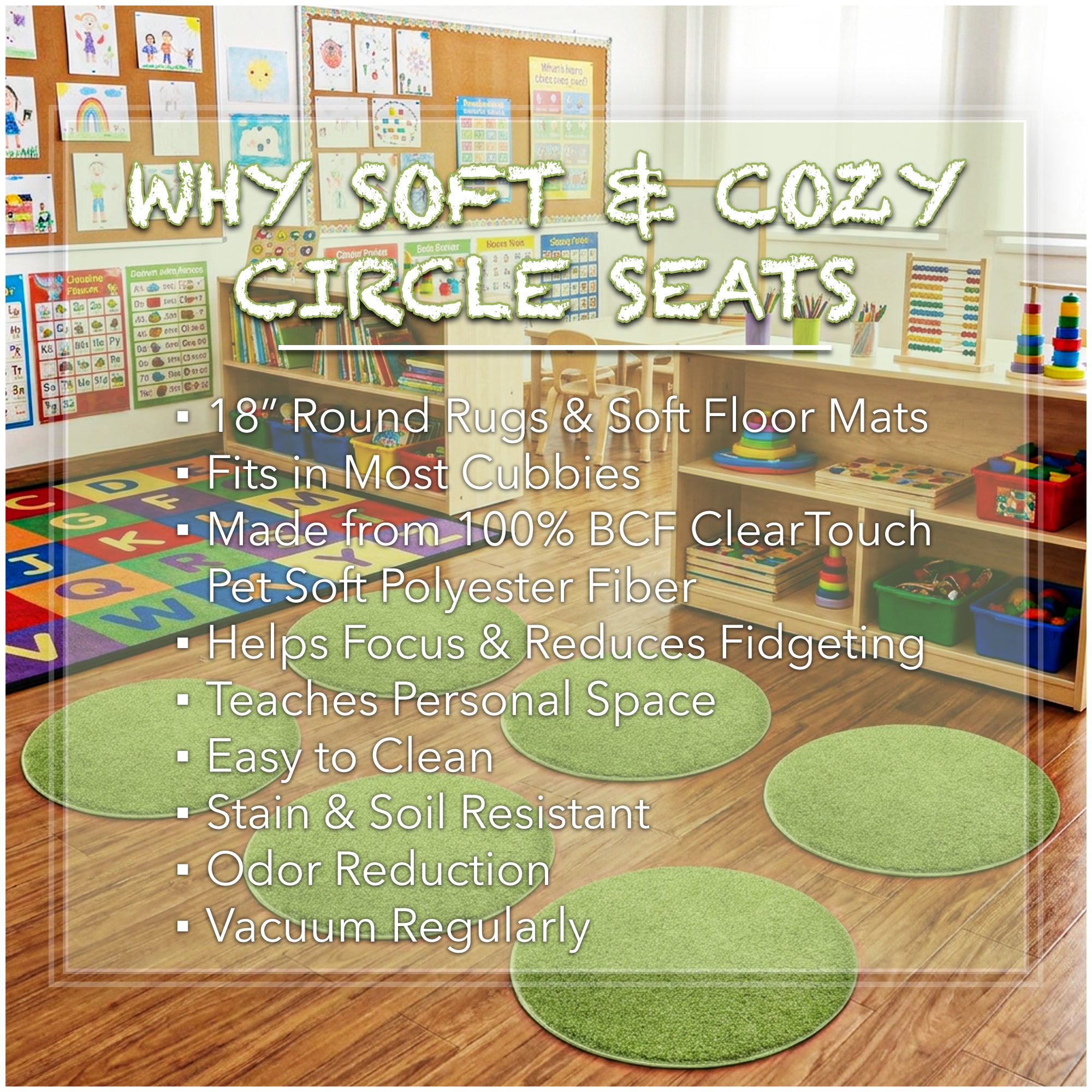 Children’s Classroom Carpet Circle Seats – Multiple Colors | 18” Round Soft Floor Cushions