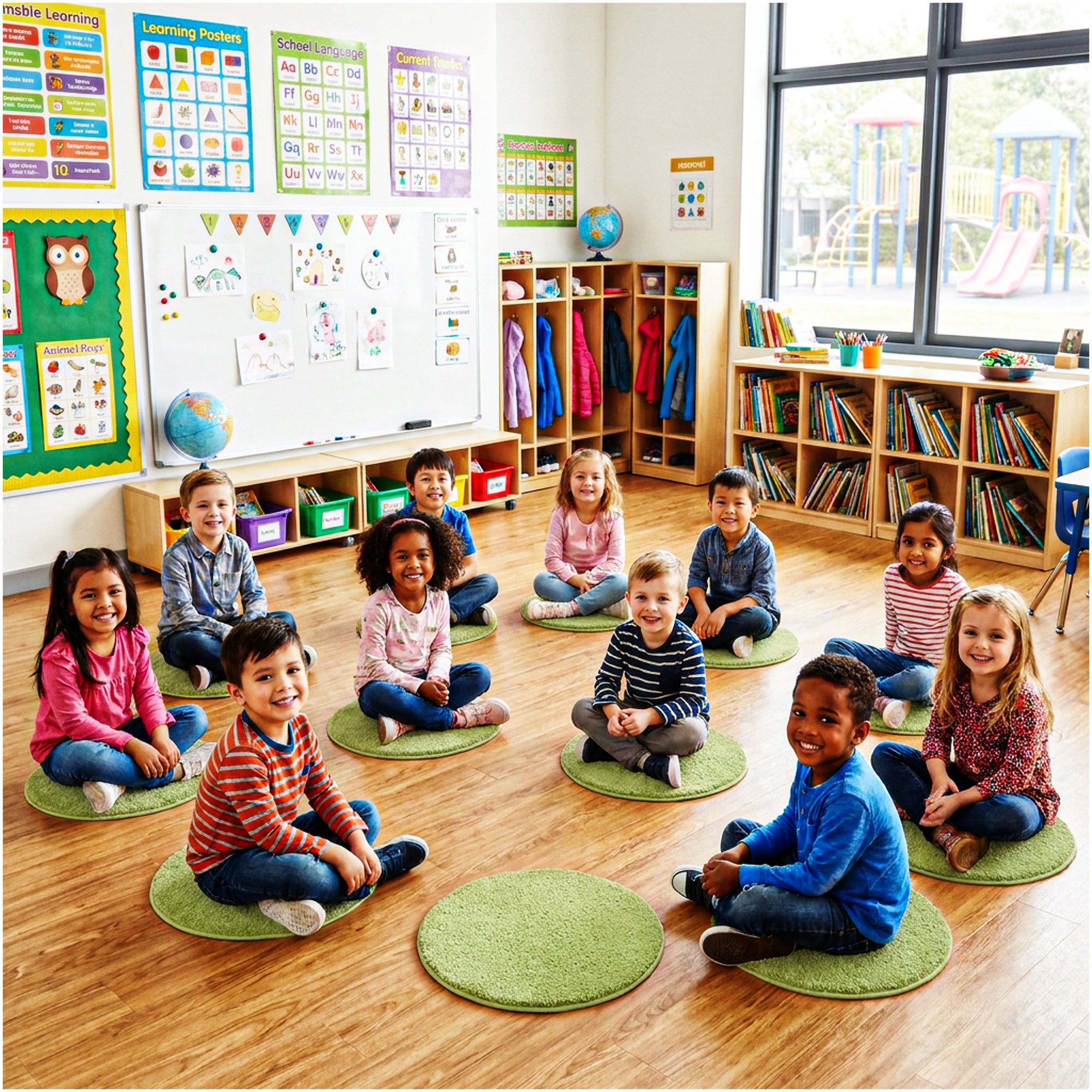 Children’s Classroom Carpet Circle Seats – Lime & Vibe Blue | 18” Round Soft Floor Cushions