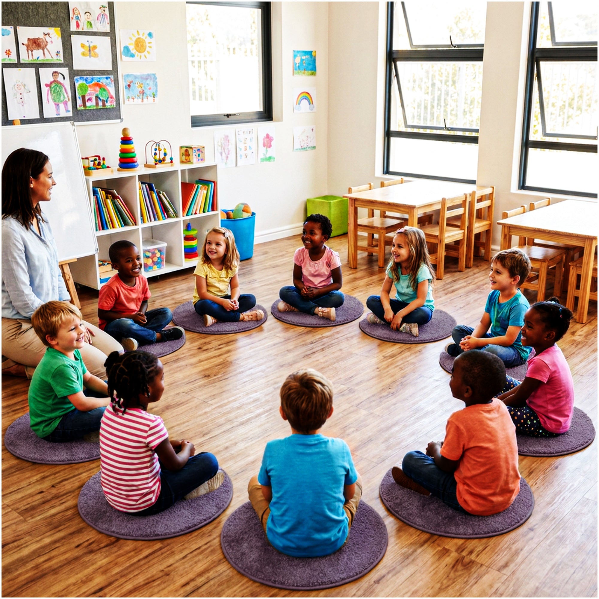 Children’s Classroom Carpet Circle Seats – Multiple Colors | 18” Round Soft Floor Cushions