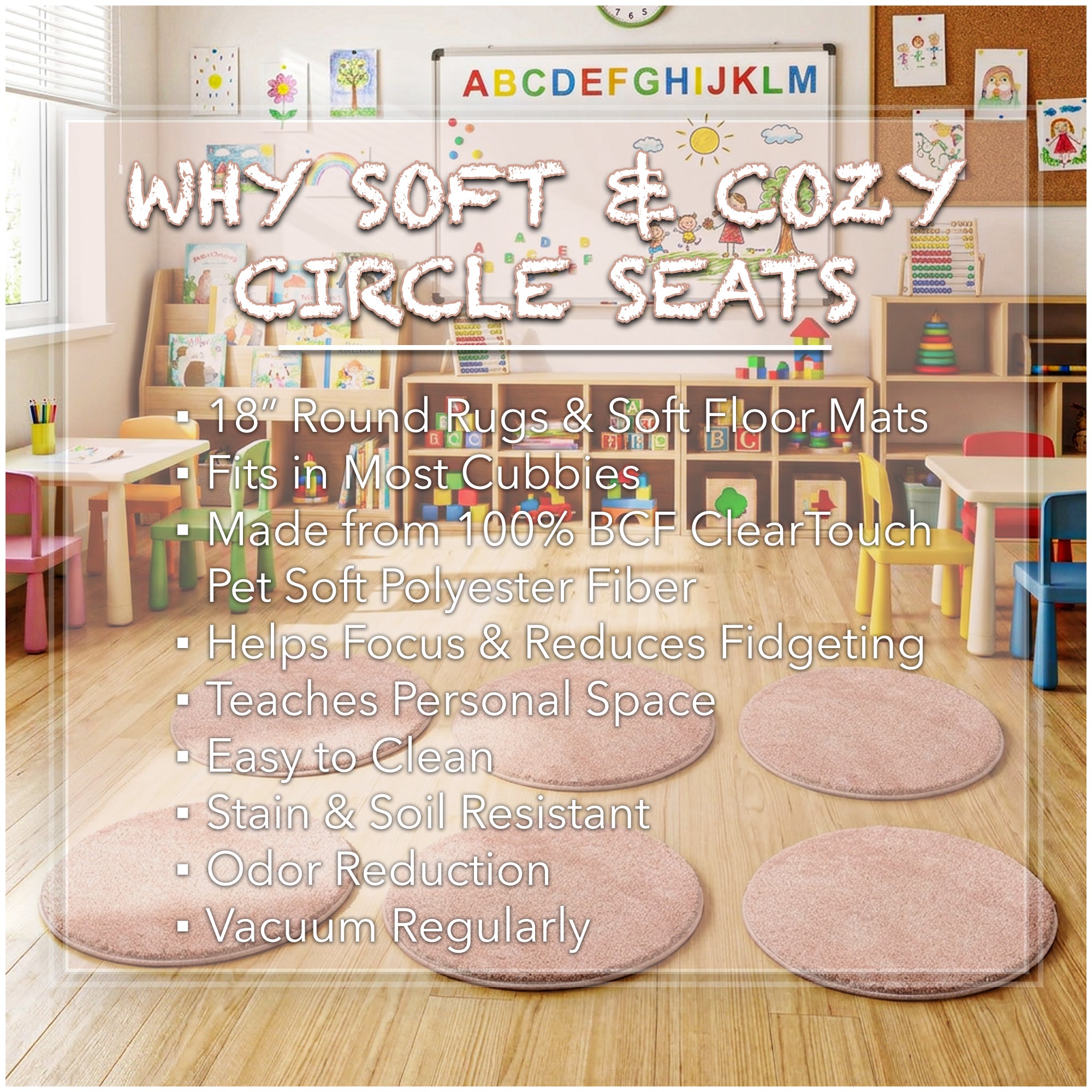 Children’s Classroom Carpet Circle Seats – Multiple Colors | 18” Round Soft Floor Cushions