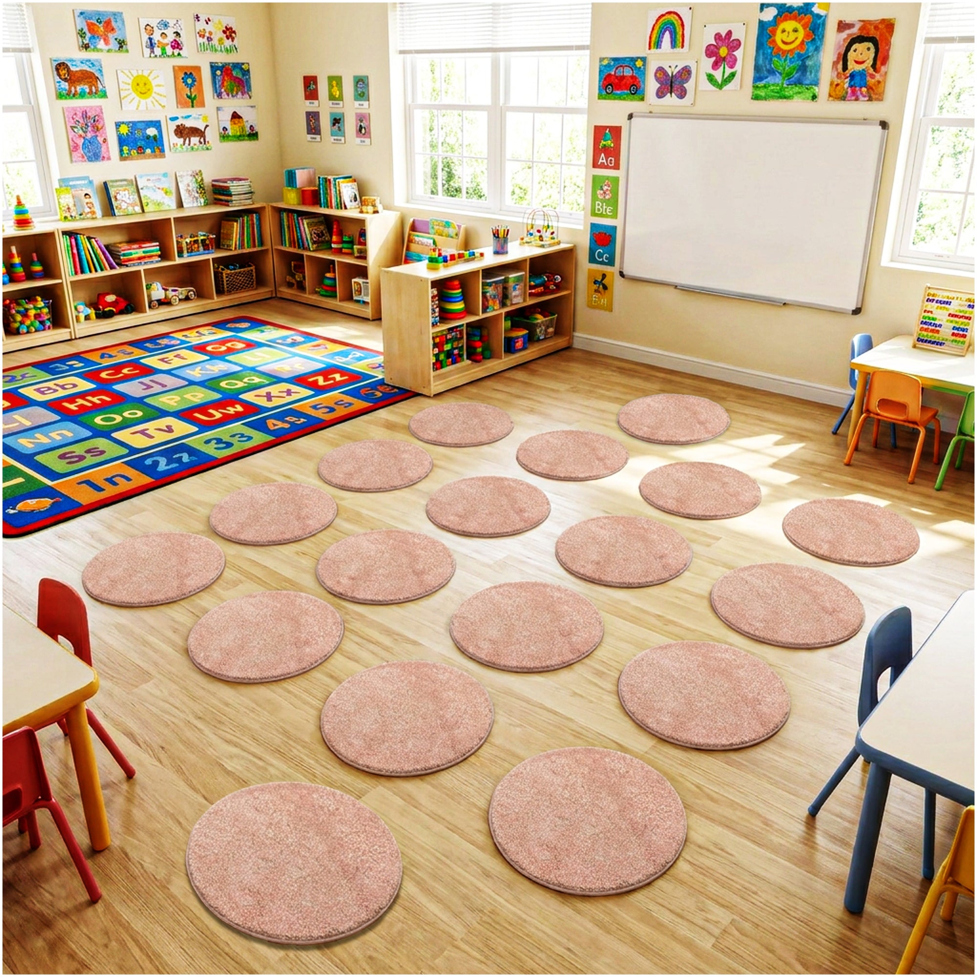 Children’s Classroom Carpet Circle Seats – Multiple Colors | 18” Round Soft Floor Cushions
