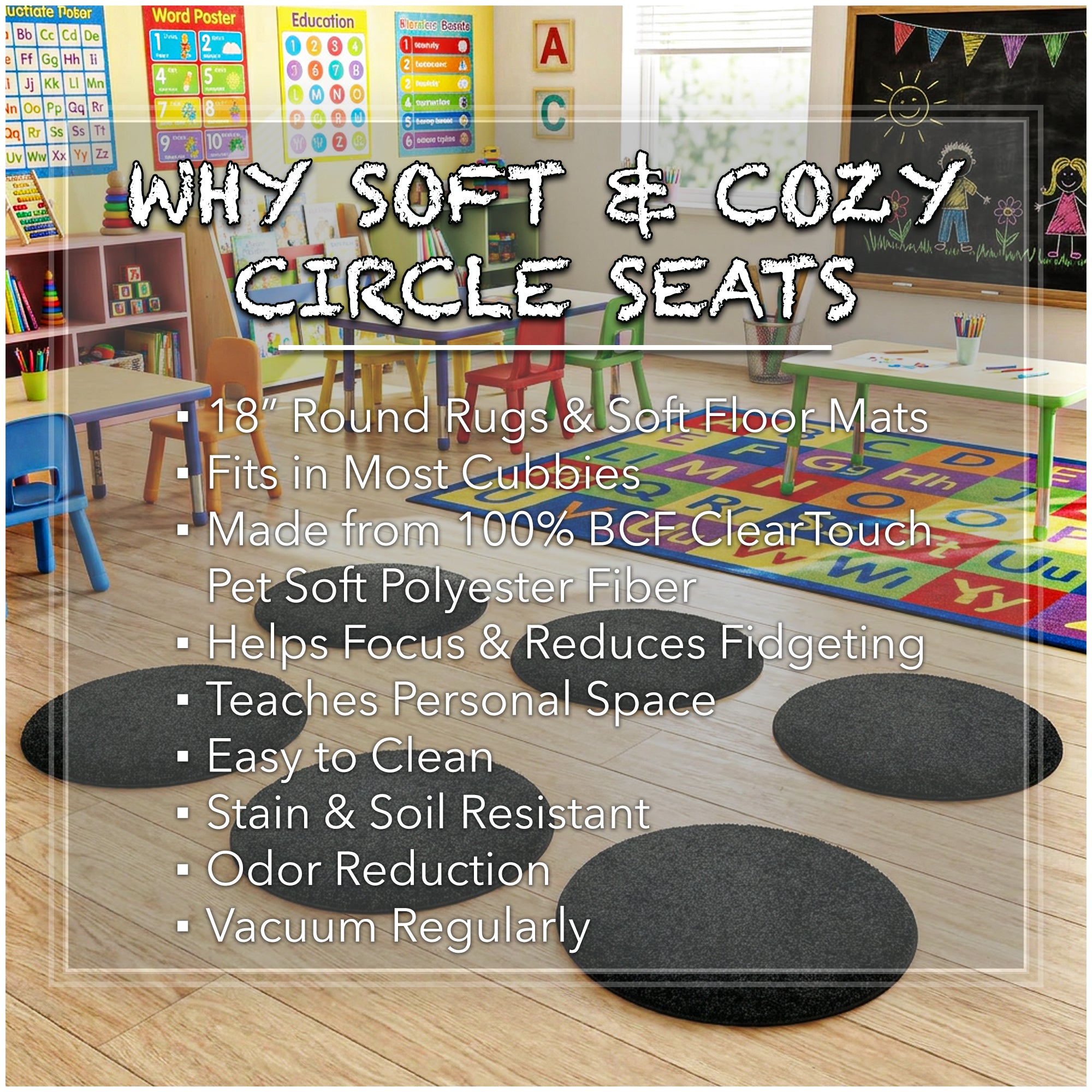 Children’s Classroom Carpet Circle Seats – Multiple Colors | 18” Round Soft Floor Cushions