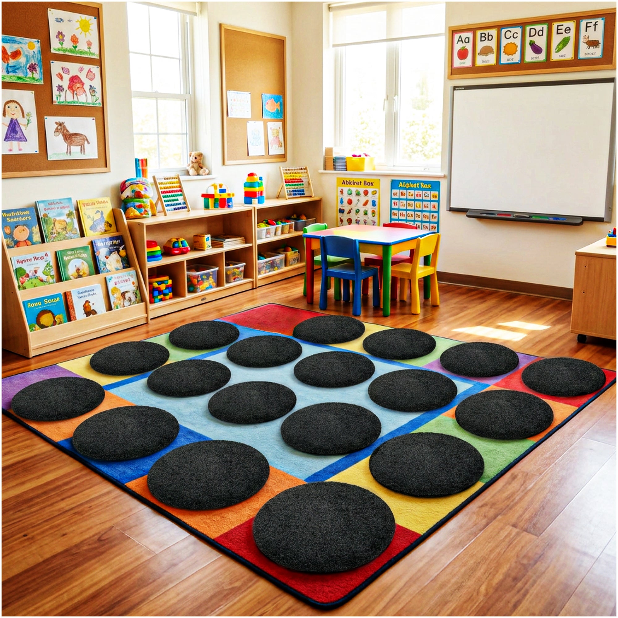 Children’s Classroom Carpet Circle Seats – Multiple Colors | 18” Round Soft Floor Cushions