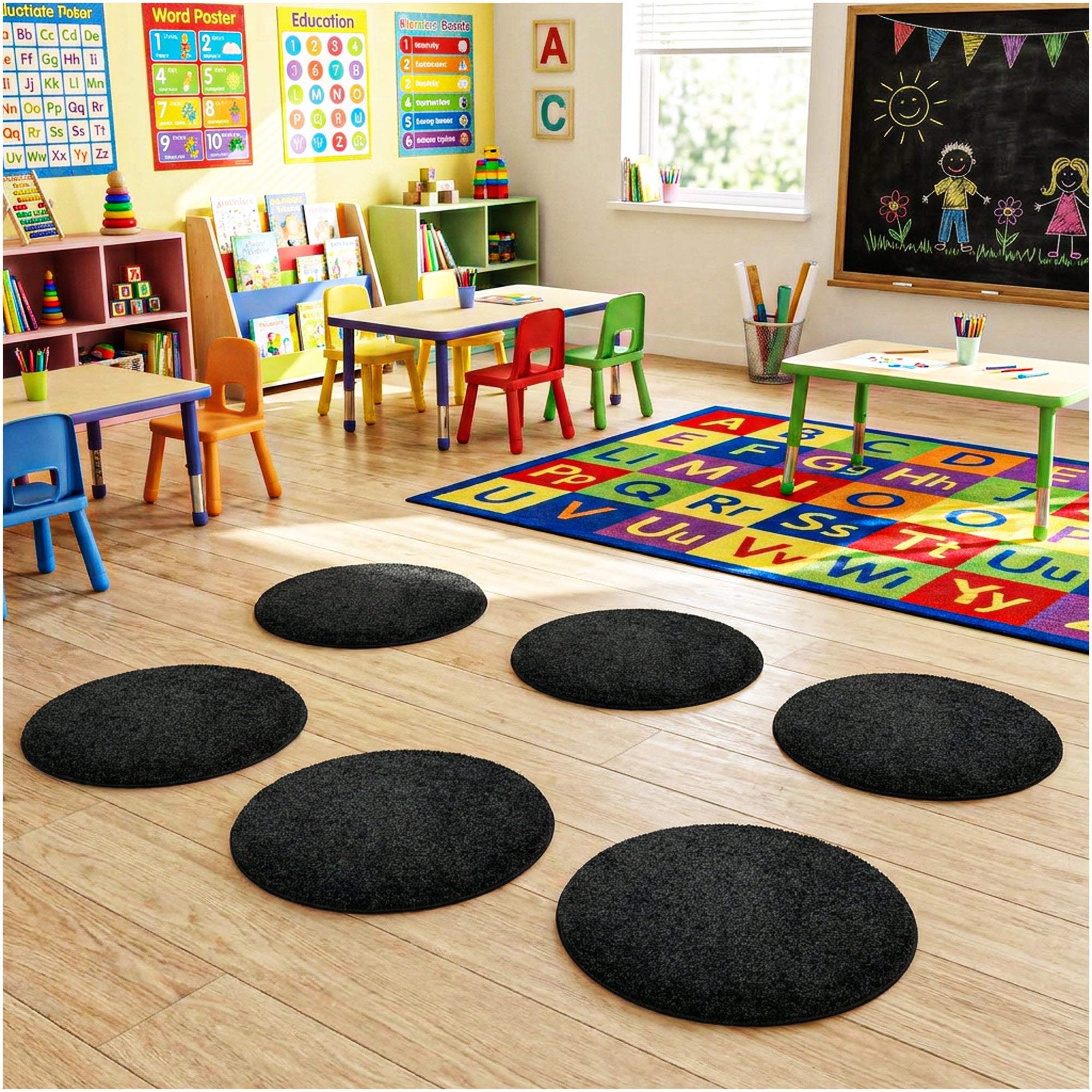 Children’s Classroom Carpet Circle Seats – Multiple Colors | 18” Round Soft Floor Cushions