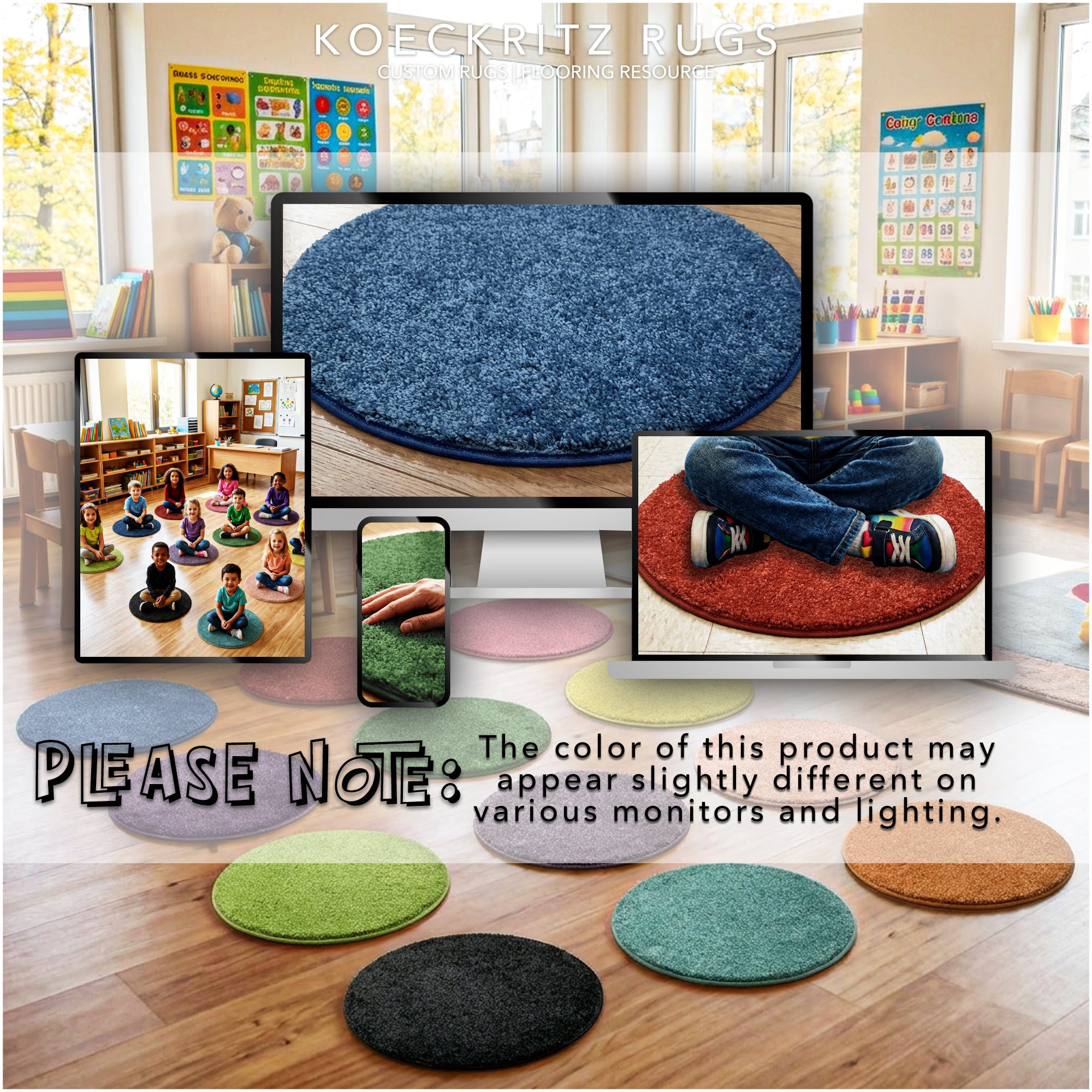 Children's Carpet Circle Seats – Rainbow Multi Set of 12, 18" Round Classroom Floor Cushions