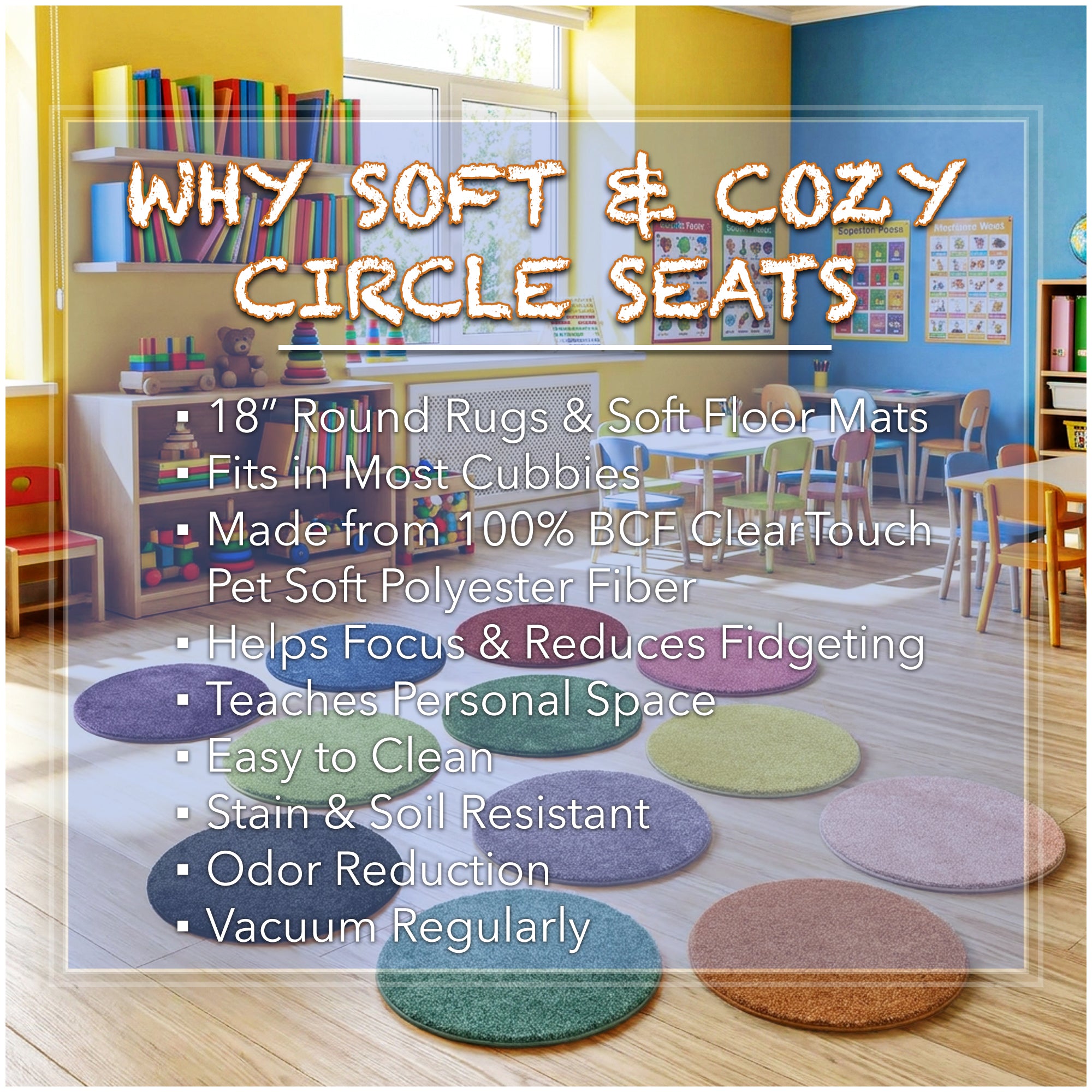 Children's Carpet Circle Seats – Rainbow Multi Set of 12, 18" Round Classroom Floor Cushions