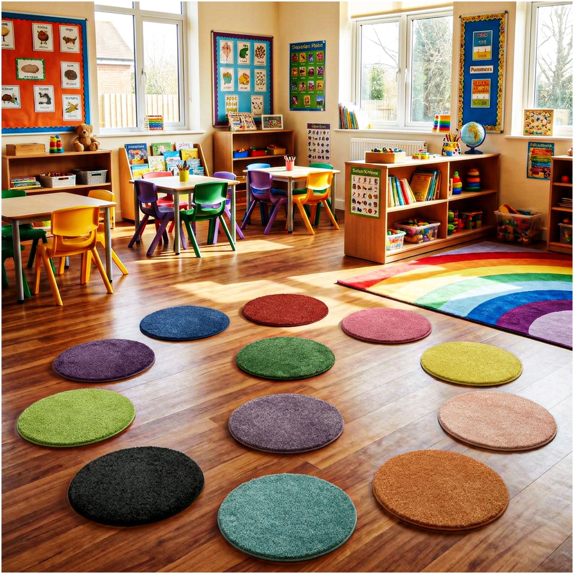 Children's Carpet Circle Seats – Rainbow Multi Set of 12, 18" Round Classroom Floor Cushions