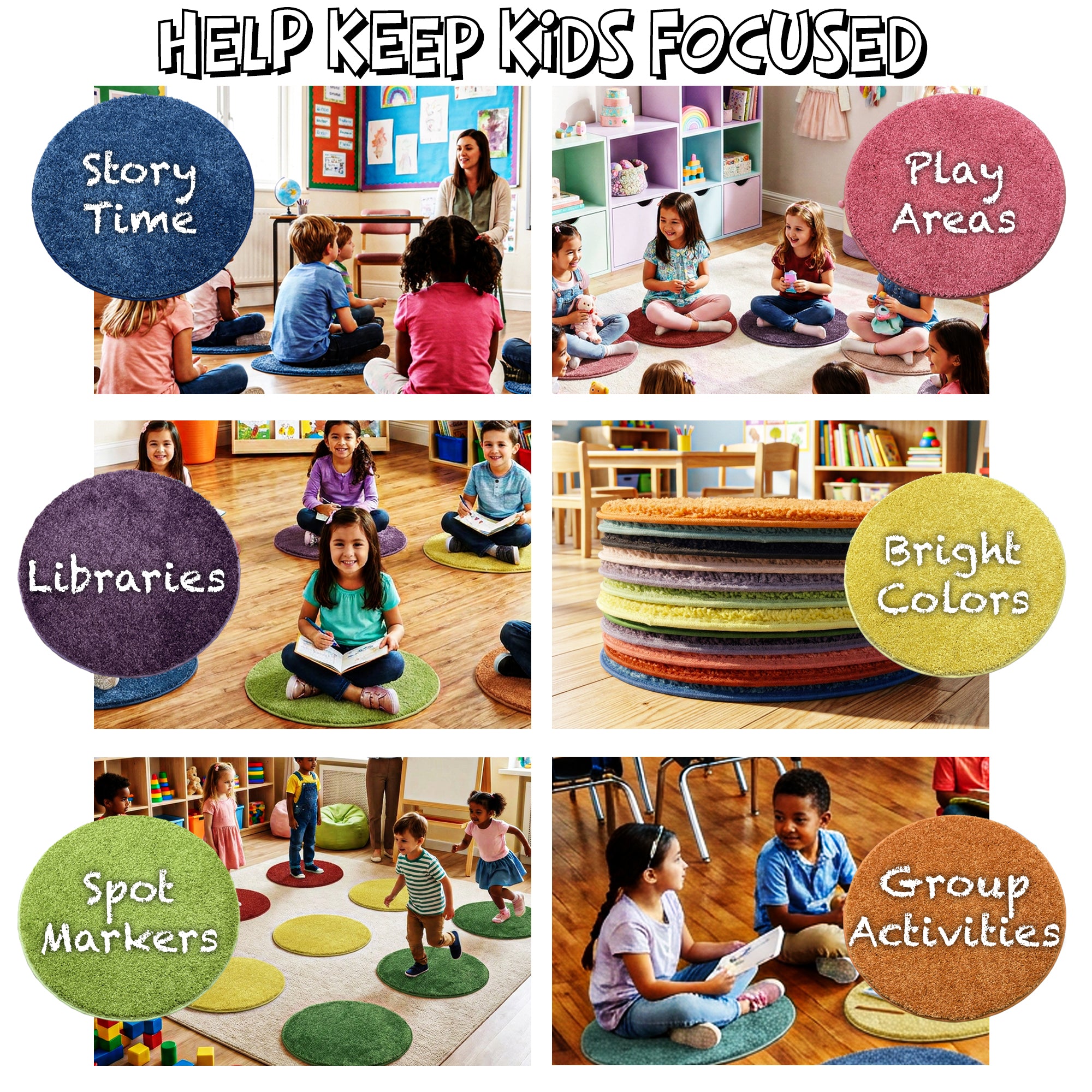 Children’s Carpet Circle Seats – Secondary Color Wheel, 18” Round Classroom Floor Cushions