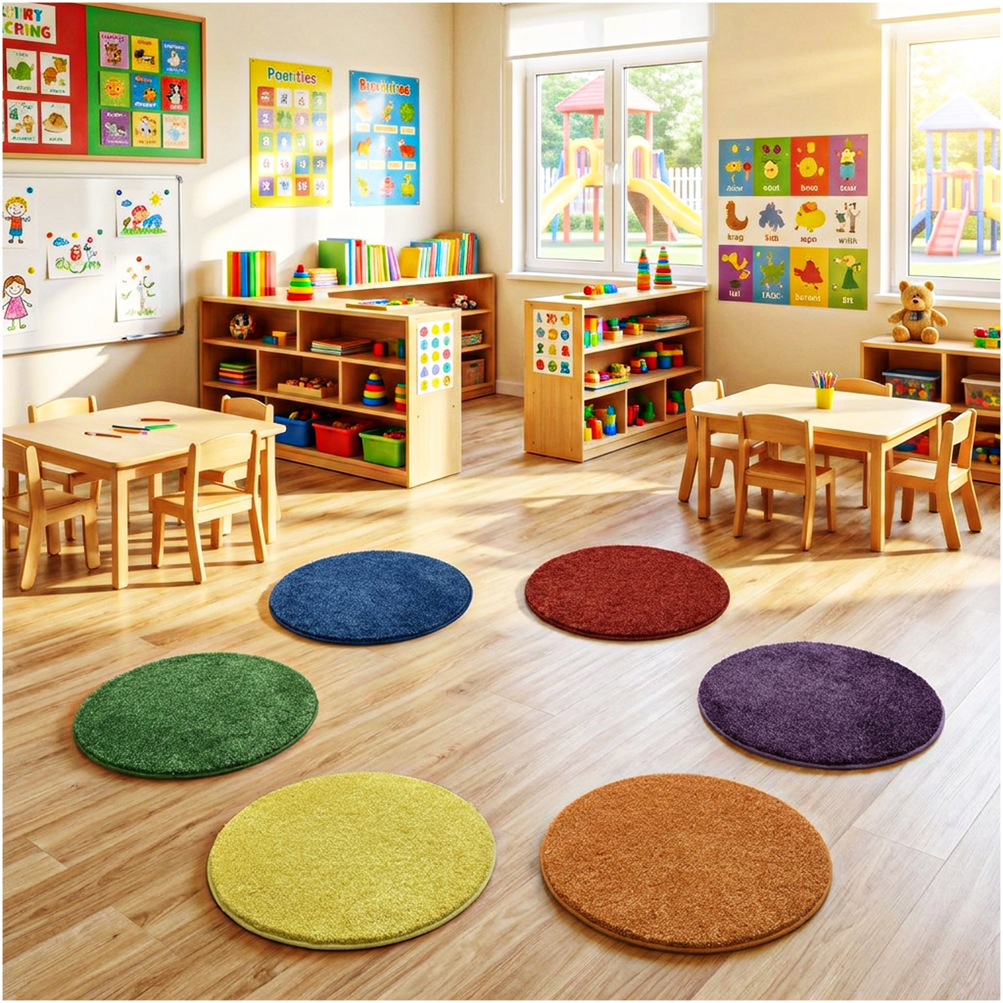 Children’s Carpet Circle Seats – Secondary Color Wheel, 18” Round Classroom Floor Cushions