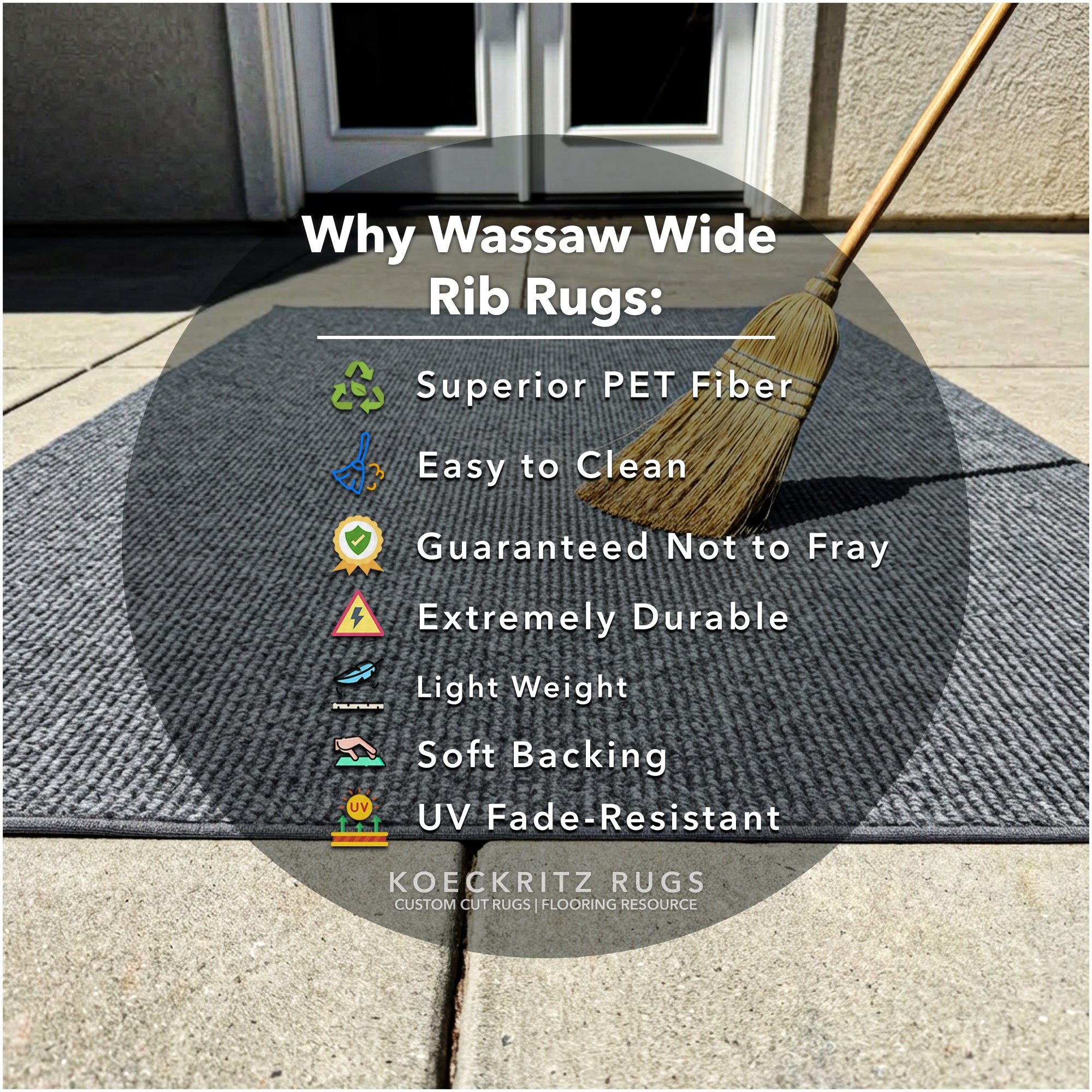 Wassaw Ribbed Indoor/Outdoor Area Rug – Lightweight PET Fiber, 6 Colors
