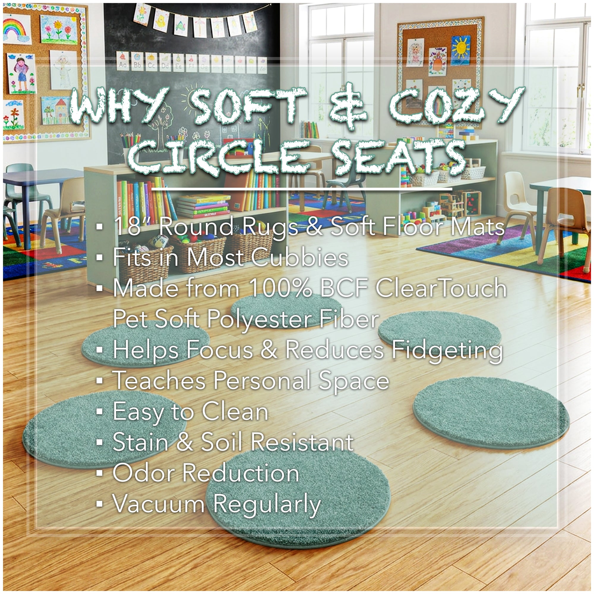 Children’s Classroom Carpet Circle Seats – Multiple Colors | 18” Round Soft Floor Cushions