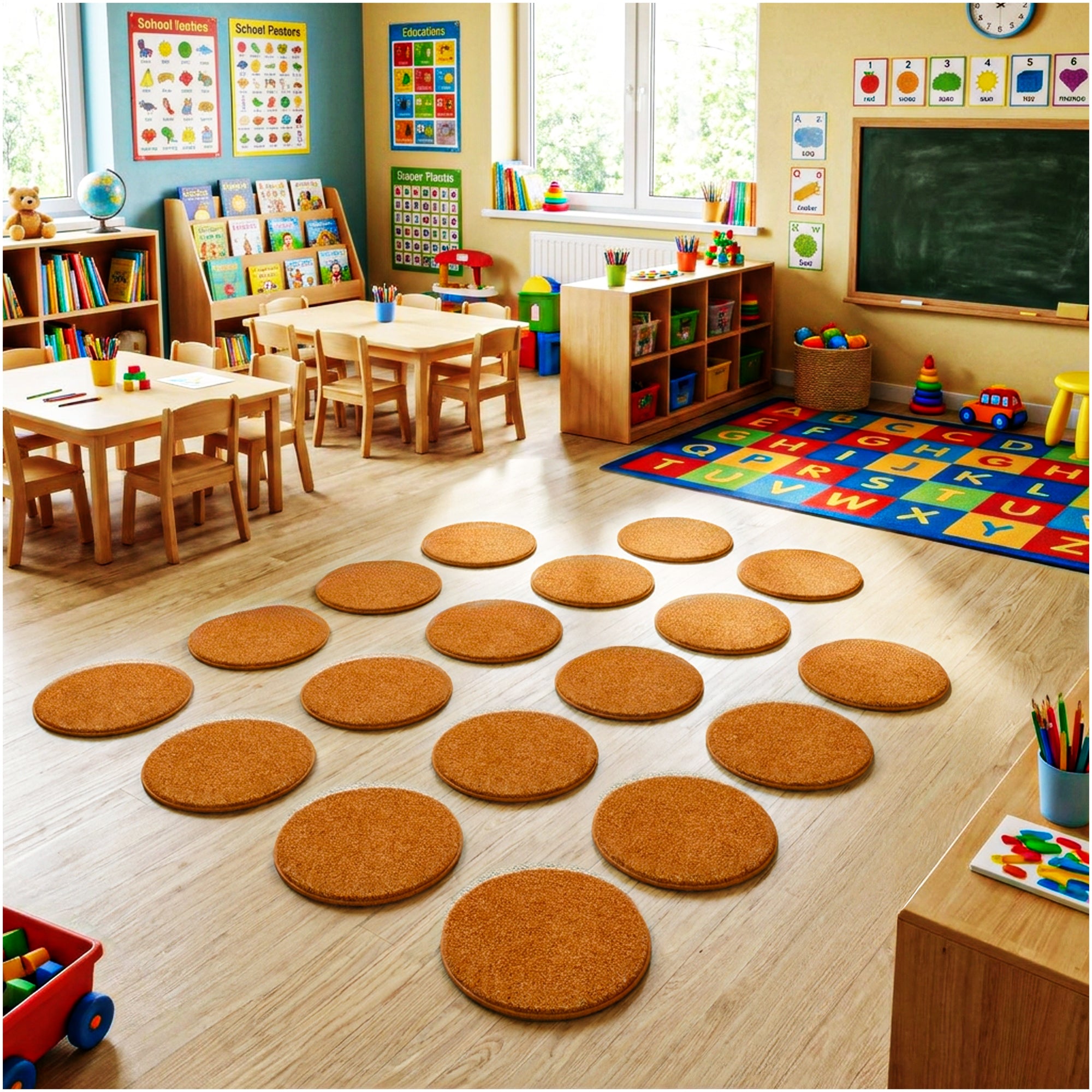Children’s Classroom Carpet Circle Seats – Multiple Colors | 18” Round Soft Floor Cushions