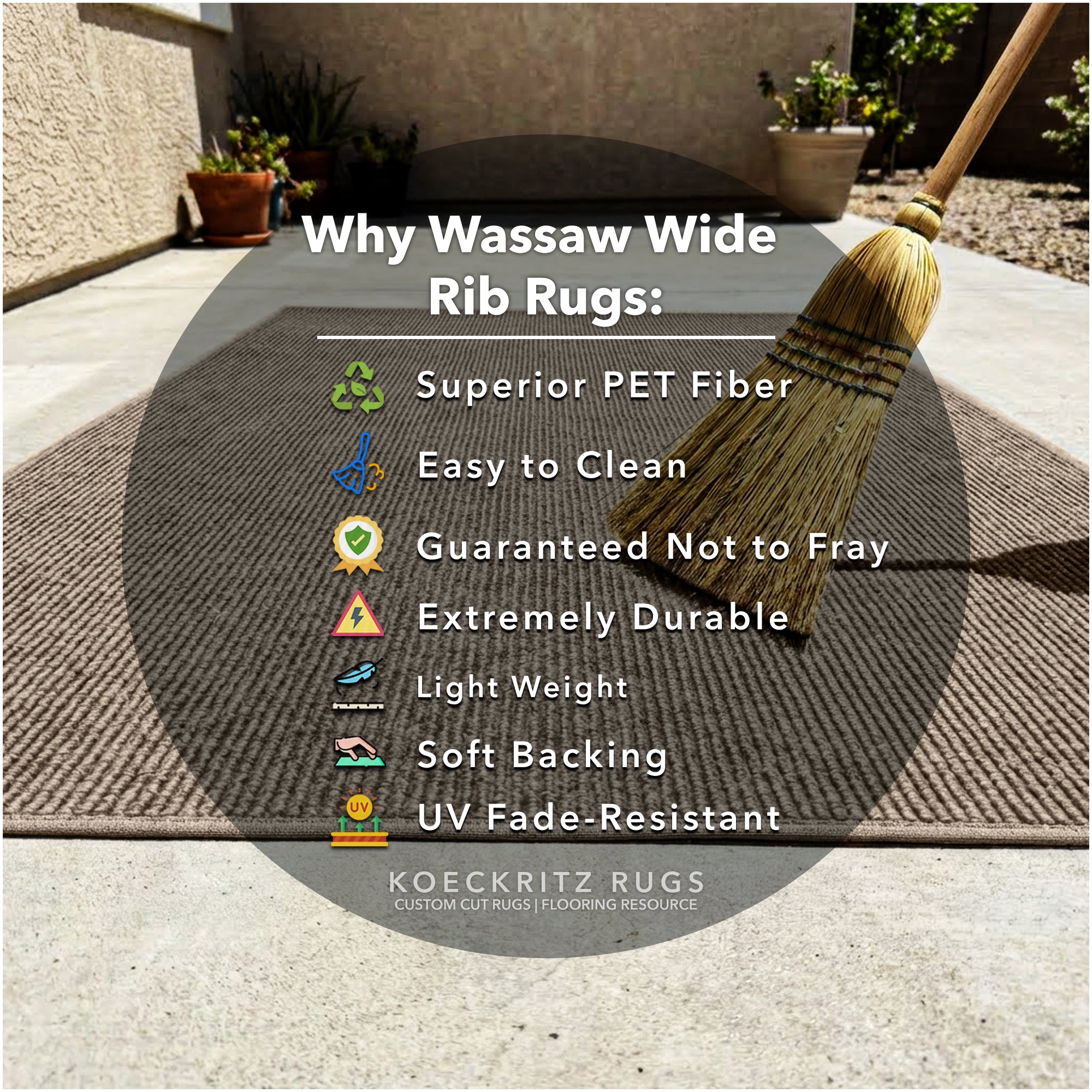 Wassaw Ribbed Indoor/Outdoor Area Rug – Lightweight PET Fiber, 6 Colors