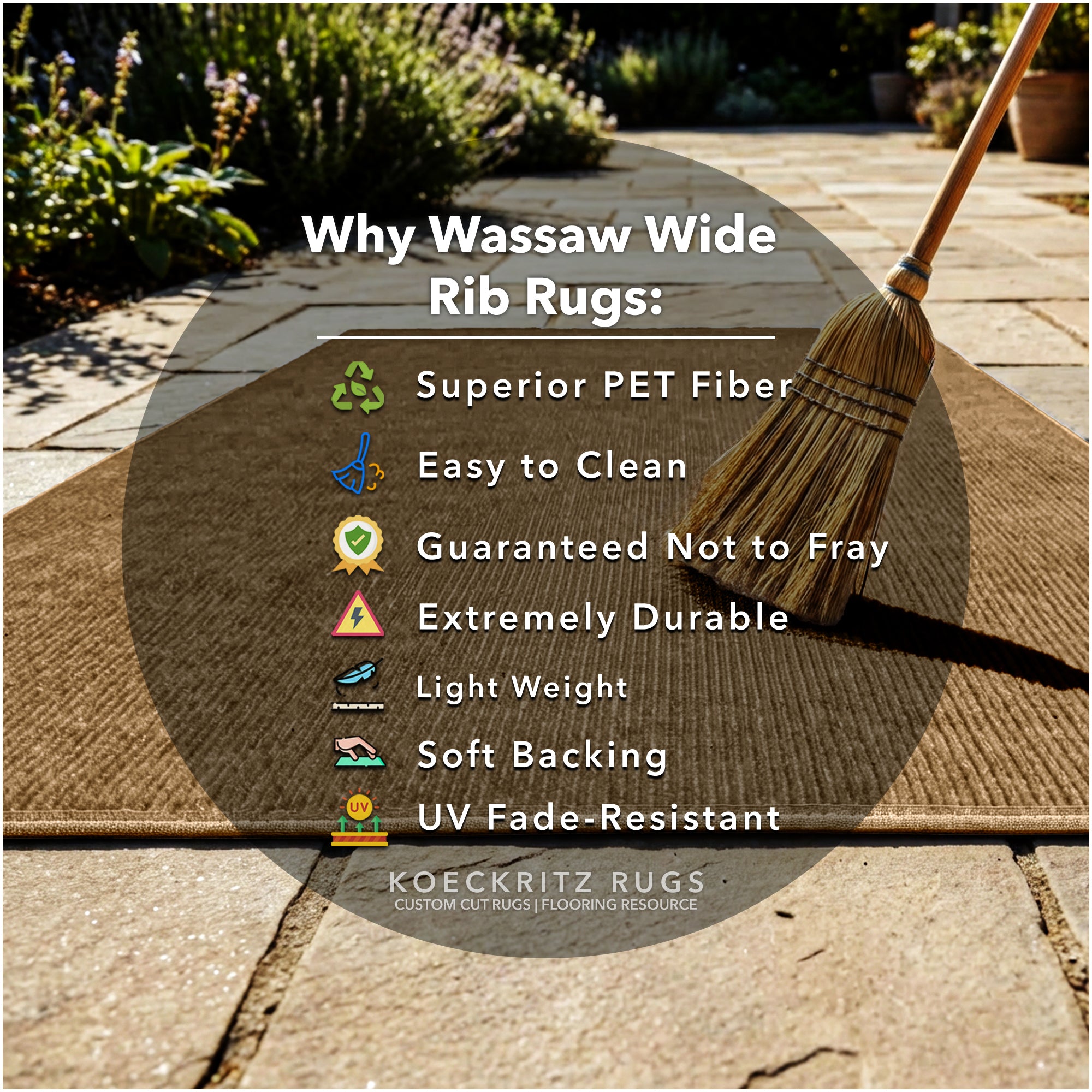 Wassaw Ribbed Indoor/Outdoor Area Rug – Lightweight PET Fiber, 6 Colors