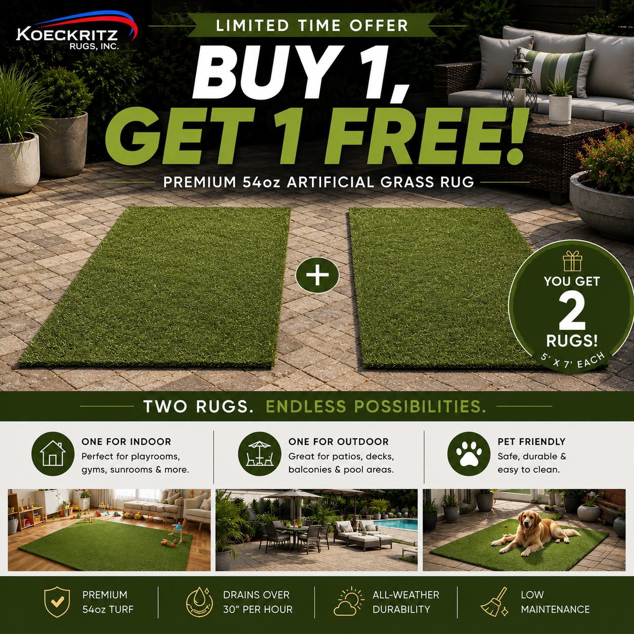Buy 1, Get 1 Free Artificial Grass Rug 5' x 7' | Premium 54oz Turf