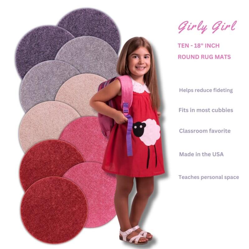 Children’s Crazy Carpet Circle Seats A Girly Girl Set 10 | 18” Round Rug, Soft Warm Floor Mat / Cushions.
